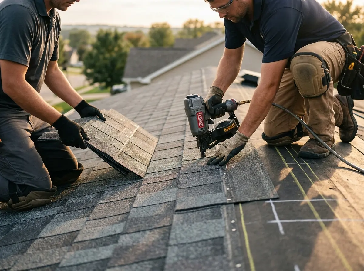 Professional roofer working on a residential roof in Odessa